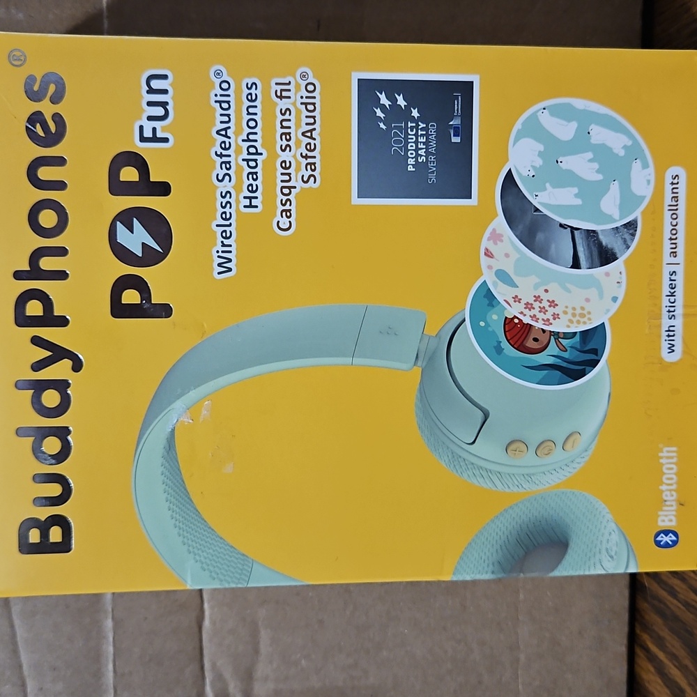Buddy Phones Pop Fun Wireless SafeAudio Headphones With Stickers In Green - NIB